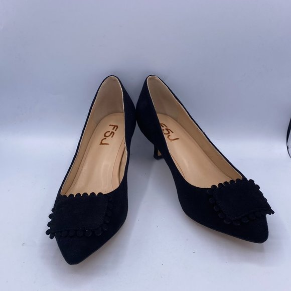 FSJ Shoes - FSJ Black Suede Pointy Toe Kitten Low Heels Pumps